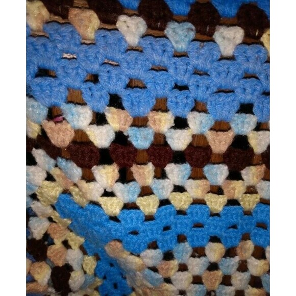 Handmade Afghan Blue Crochet Striped Granny Square Farmhouse Cottage Retro - Picture 3 of 3
